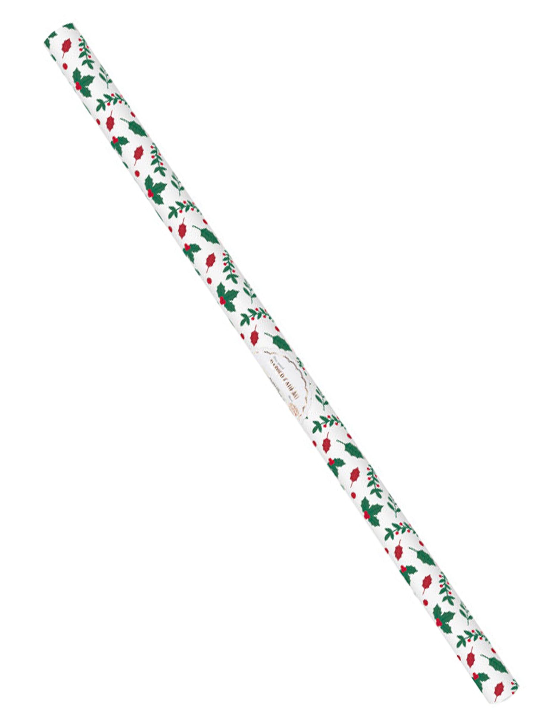 Papier cadeau houx de Noël blanc avec motifs verts et rouges
