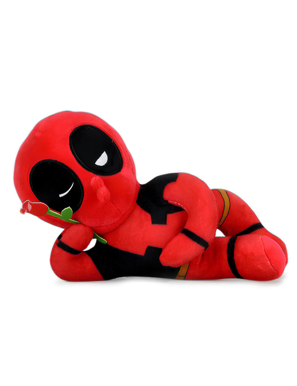 Peluche Deadpool charmeur pour enfant rouge et noire avec une rose