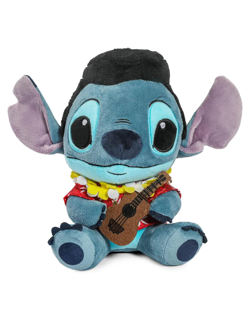 Peluche Stitch hawaïen pour enfant bleue avec chemise rouge et ukulélé