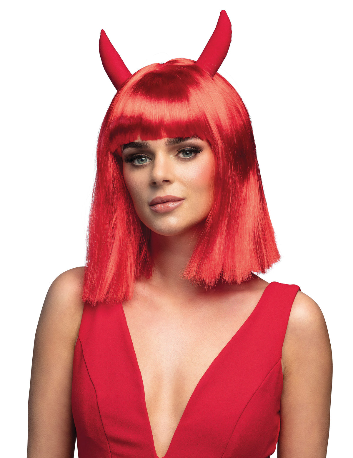 Perruque carré avec cornes de diablesse pour adulte rouge