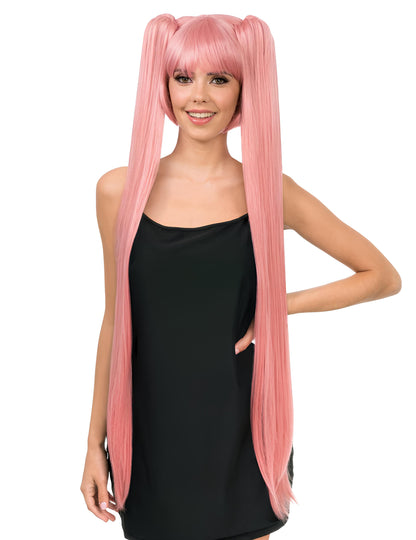 Perruque cosplay luxe longues couettes pour adulte rose pastel