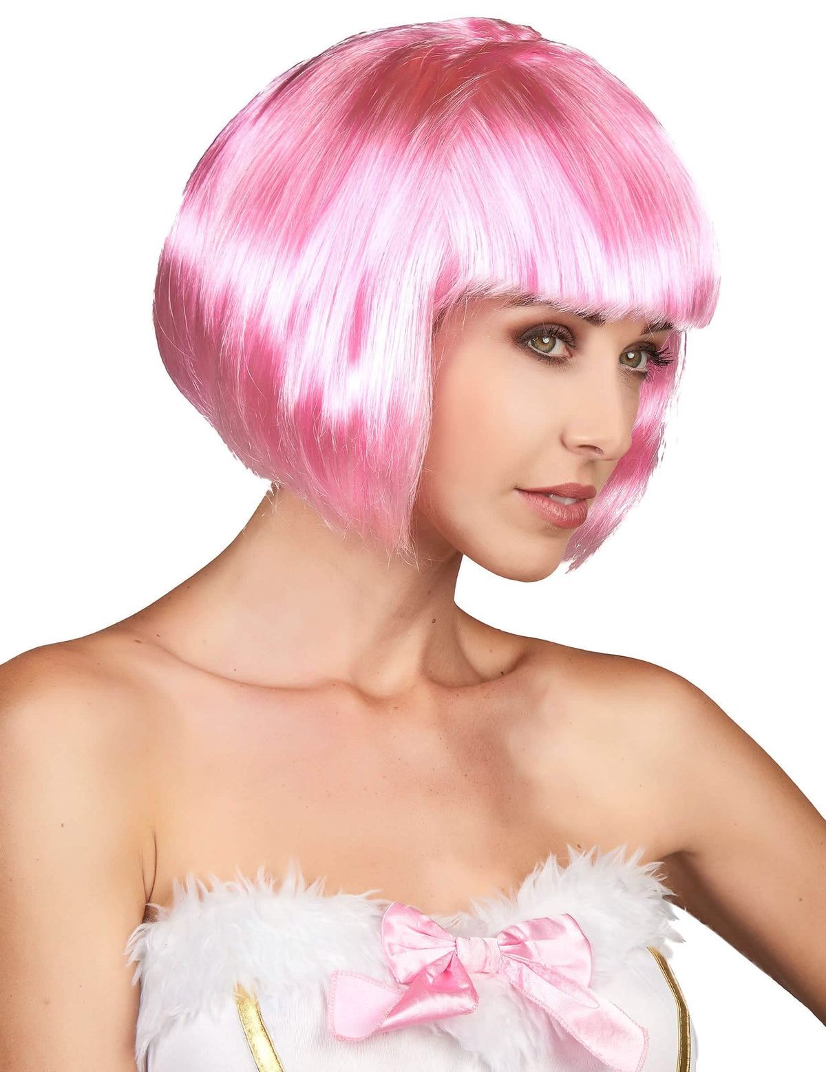 Perruque courte à frange pour femme rose