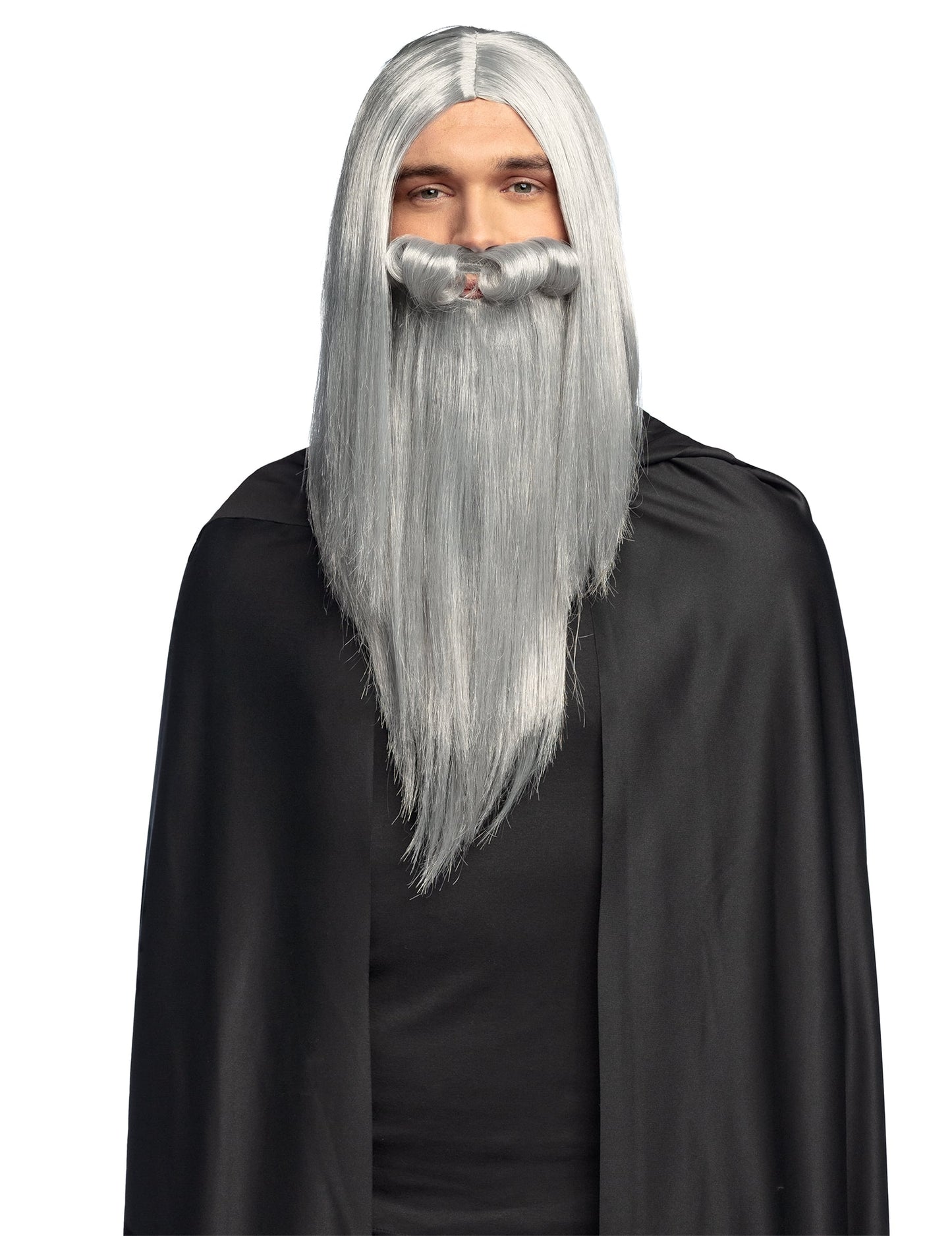 Perruque et barbe de sorcier magicien pour adulte gris
