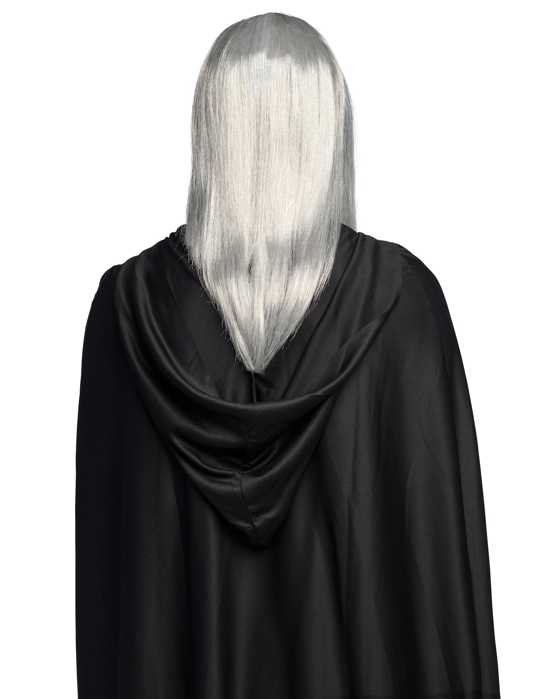 Vue de dos de la perruque et barbe de sorcier magicien pour adulte