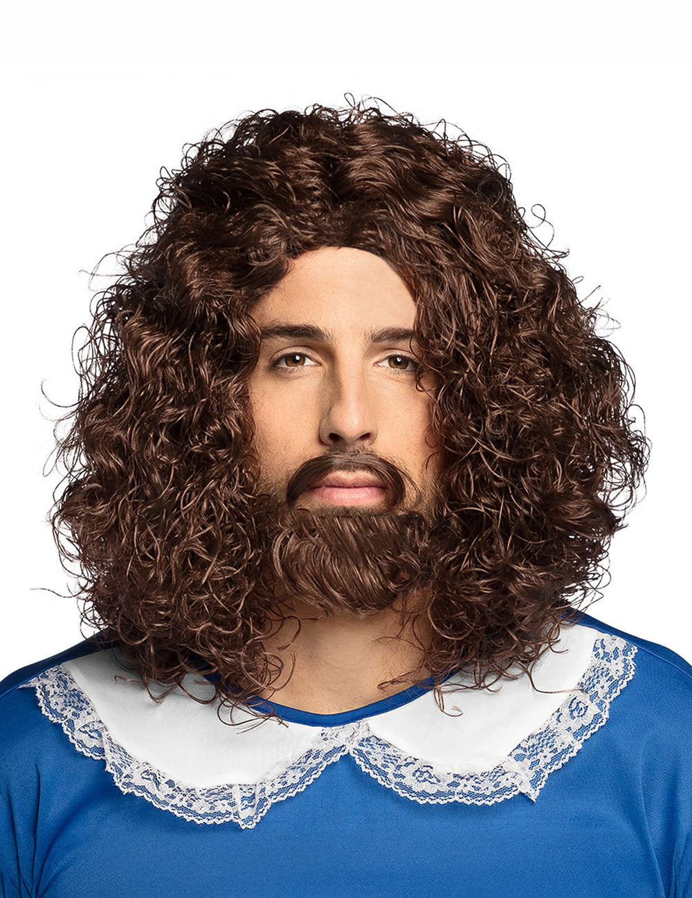 Perruque et moustache de mousquetaire pour homme châtain bouclée