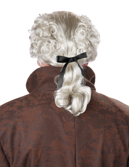 Vue de dos de la perruque noble baroque pour homme grise