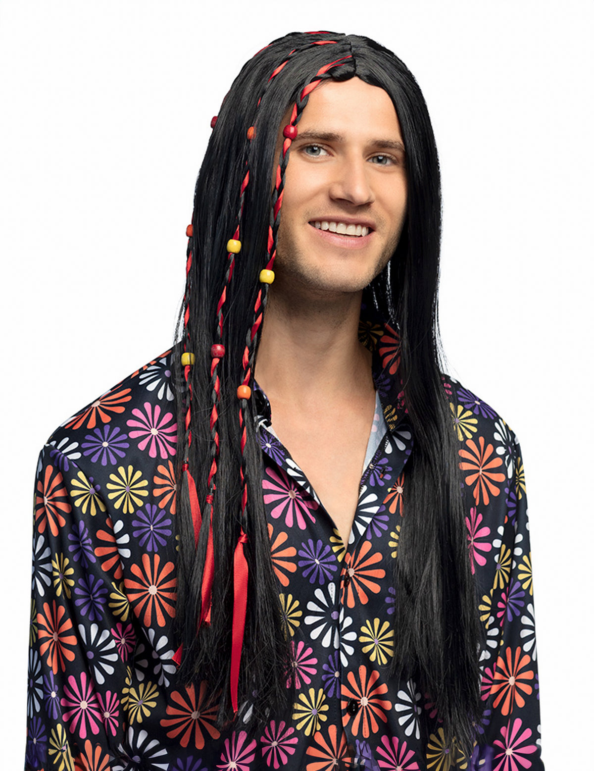 Perruque hippie pour homme noire avec tresses et perles colorées