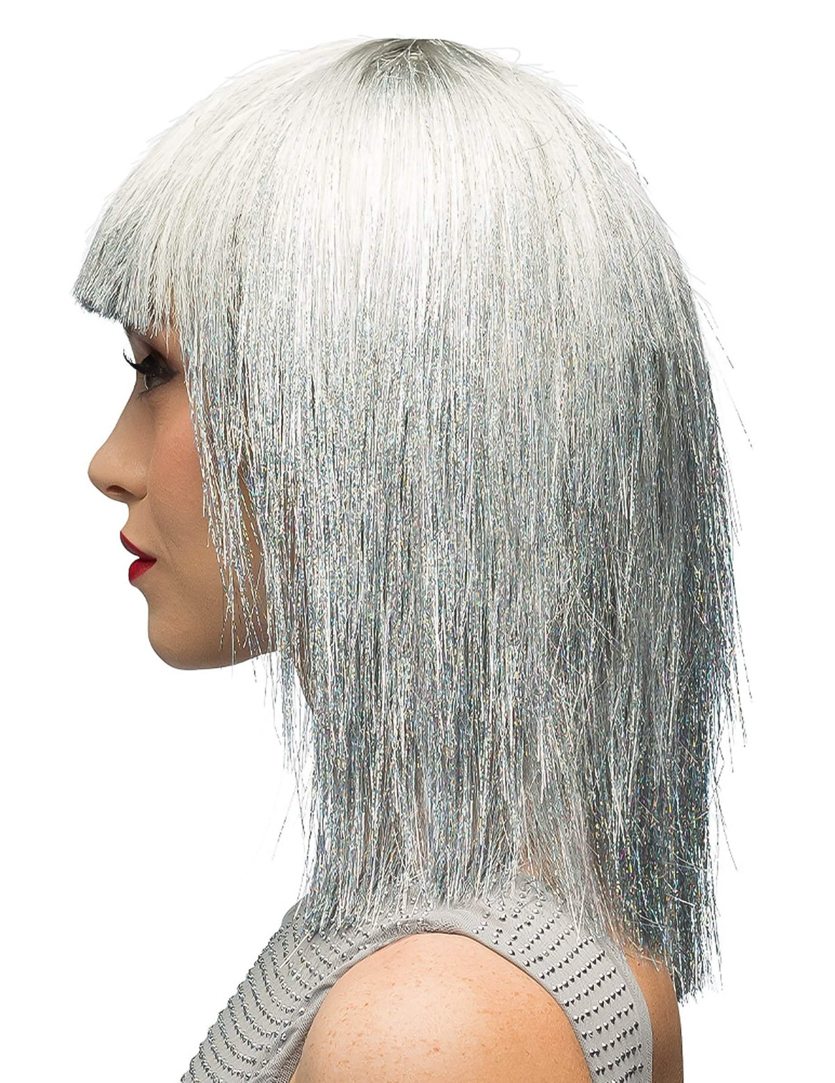 Vue de profil de la perruque irisée pour femme