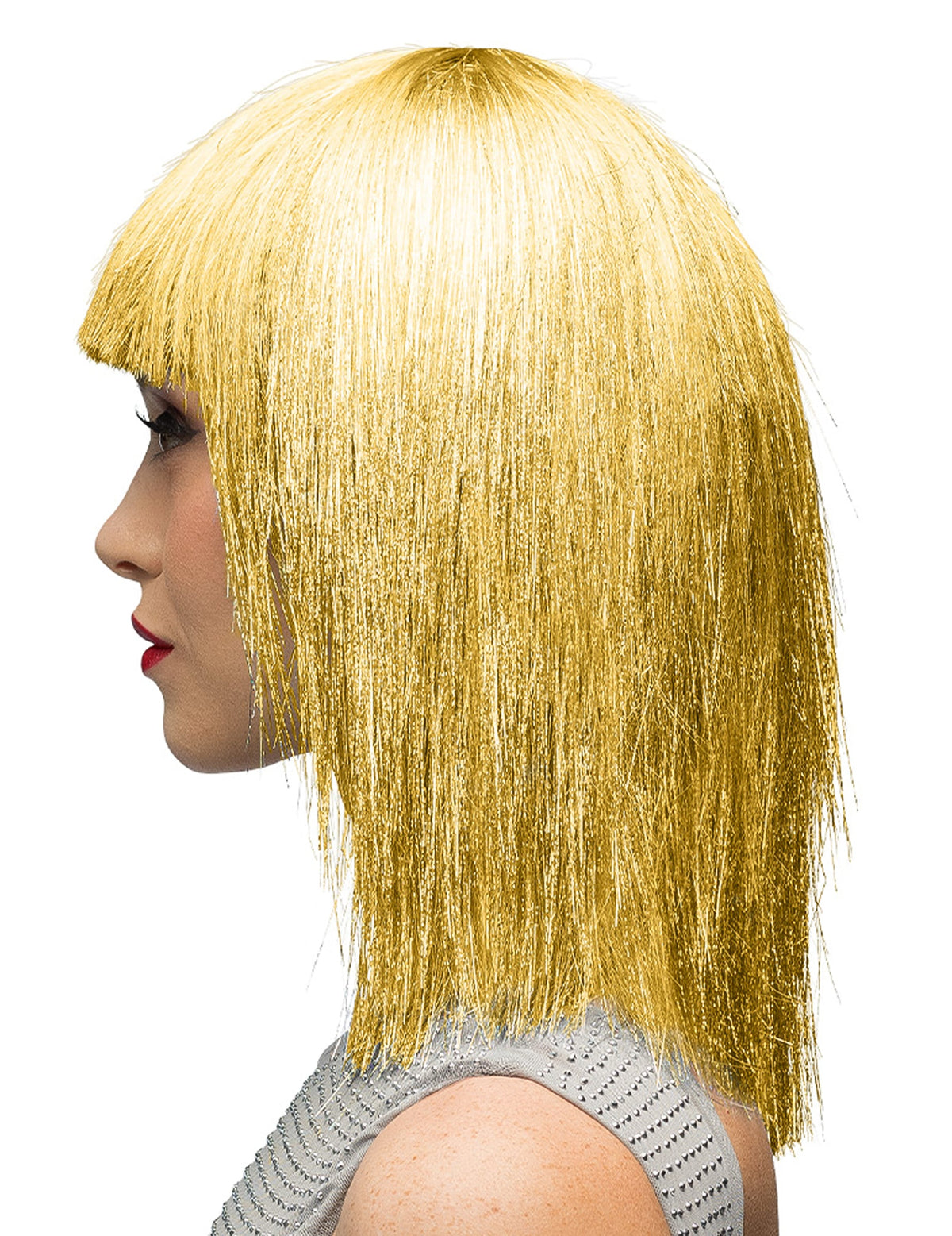 Vue de profil de la perruque irisée pour femme dorée
