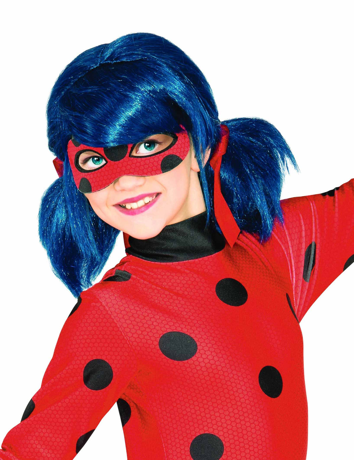 Perruque Ladybug pour fille bleue avec couettes et rubans rouges