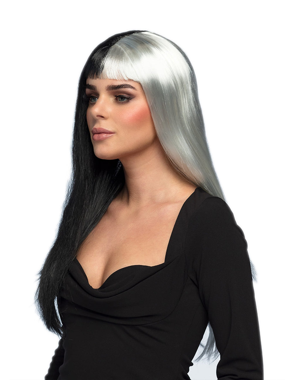 Vue de profil de la perruque lisse noire et blanche