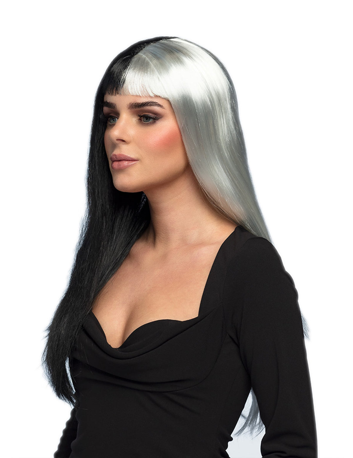 Vue de profil de la perruque lisse noire et blanche