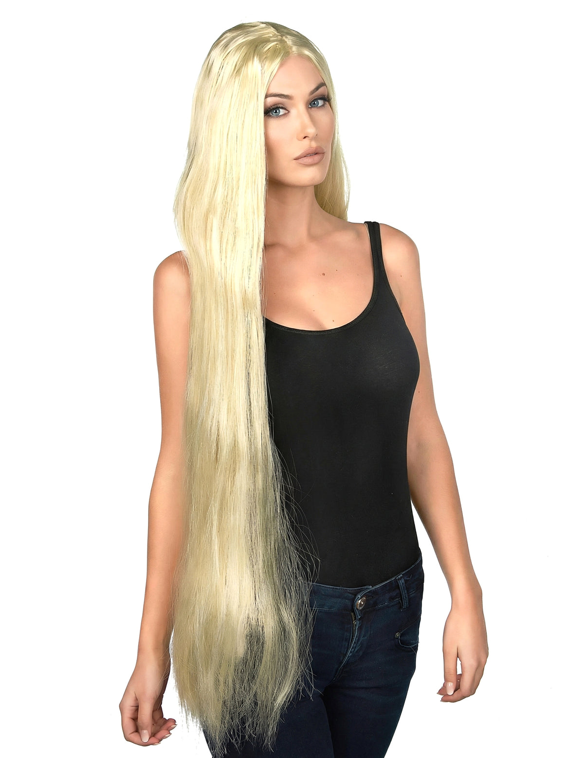 Vue de trois-quarts de la perruque longue blonde pour femme