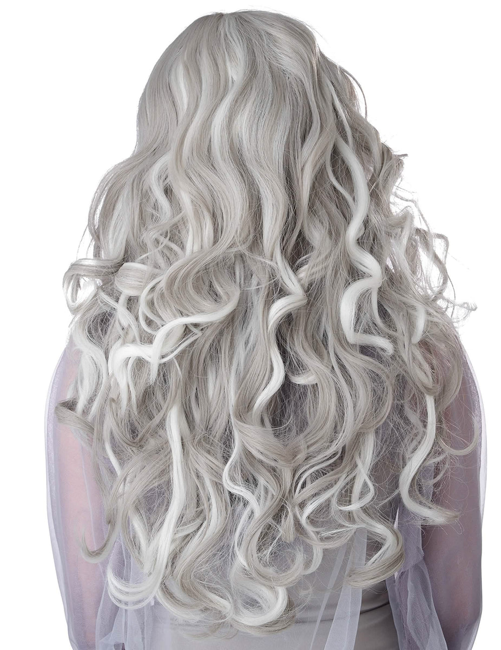 Stražnji pogled na dugu fosforescentnu sivu periku za ženu