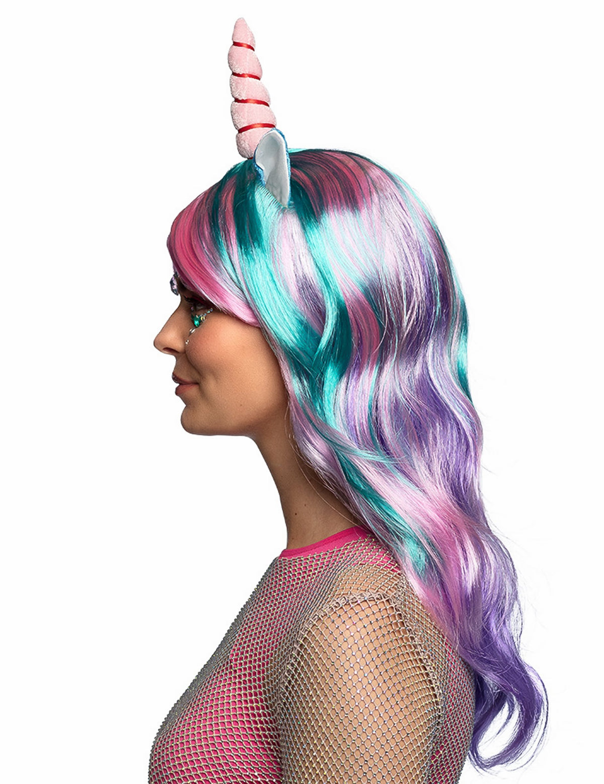 Vue de profil de la perruque longue licorne des rêves