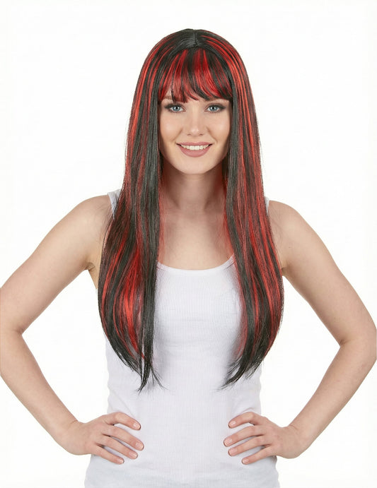 Perruque longue noire avec frange pour femme balayage rouge