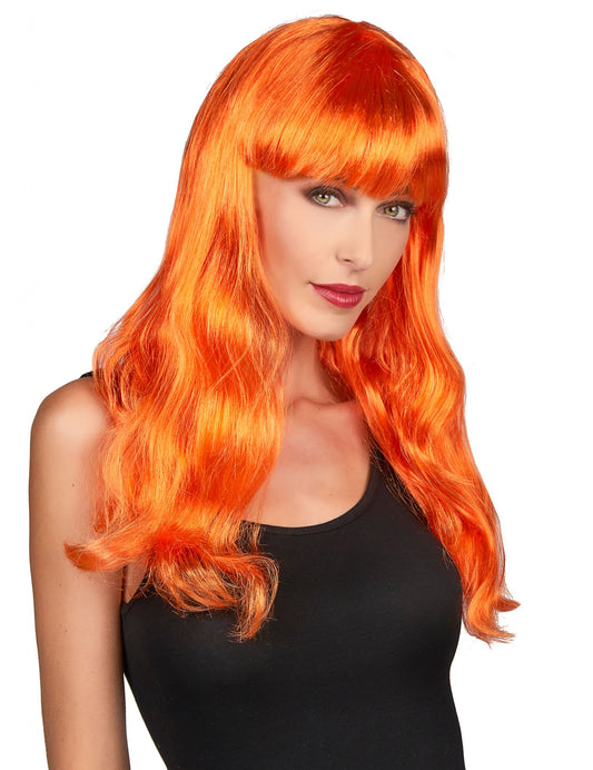 Perruque longue pour femme orange avec frange