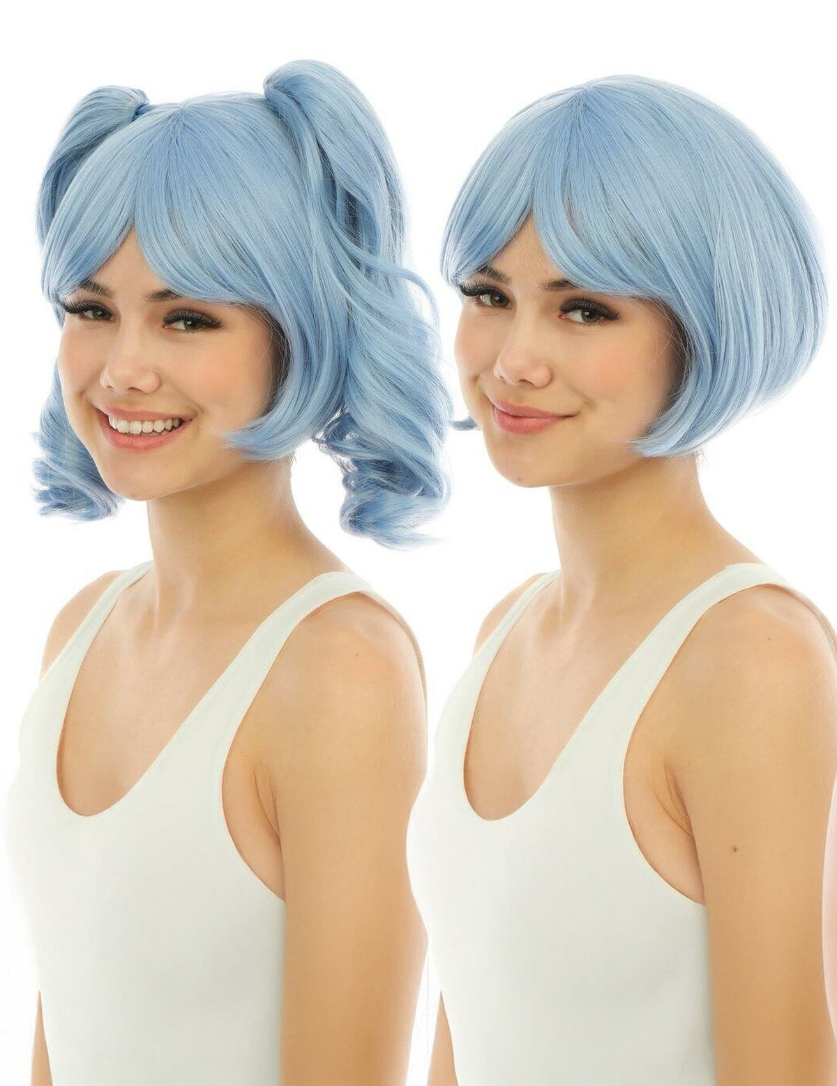 Perruque manga avec couettes détachables pour femme bleu pastel luxe