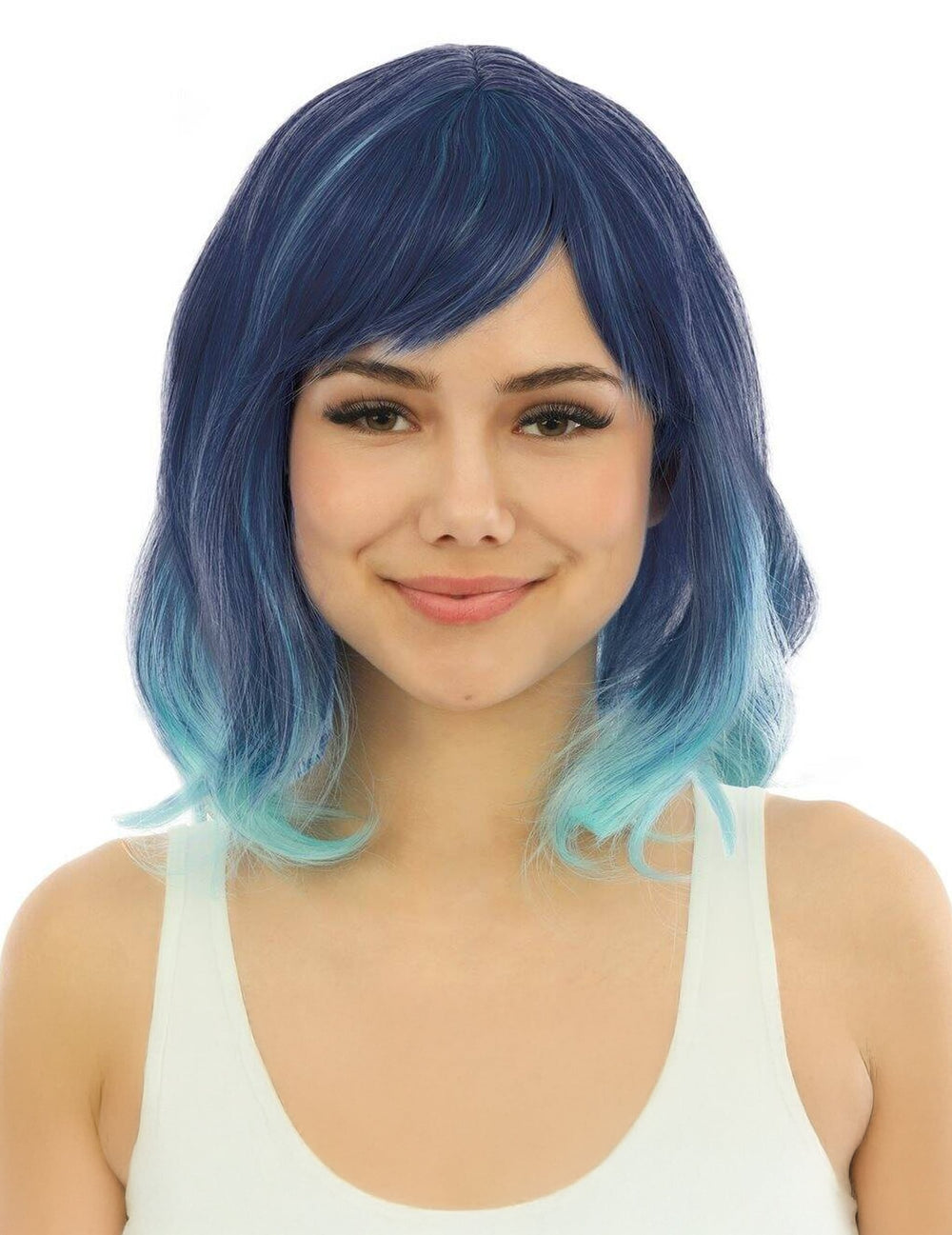 Vue de face de la perruque mi longue tie and dye bleue luxe