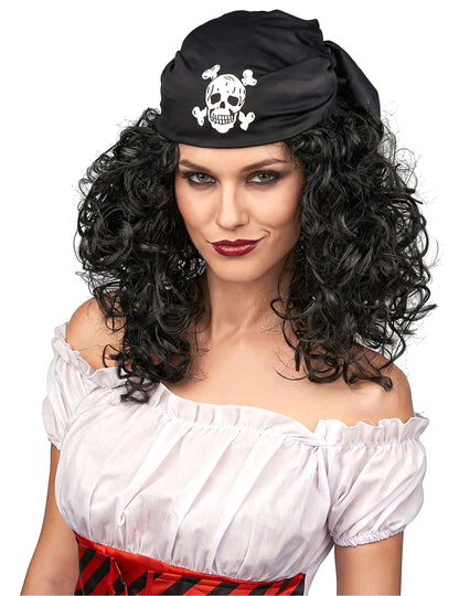 Perruque de pirate pour femme noire bouclée avec bandana tête de mort