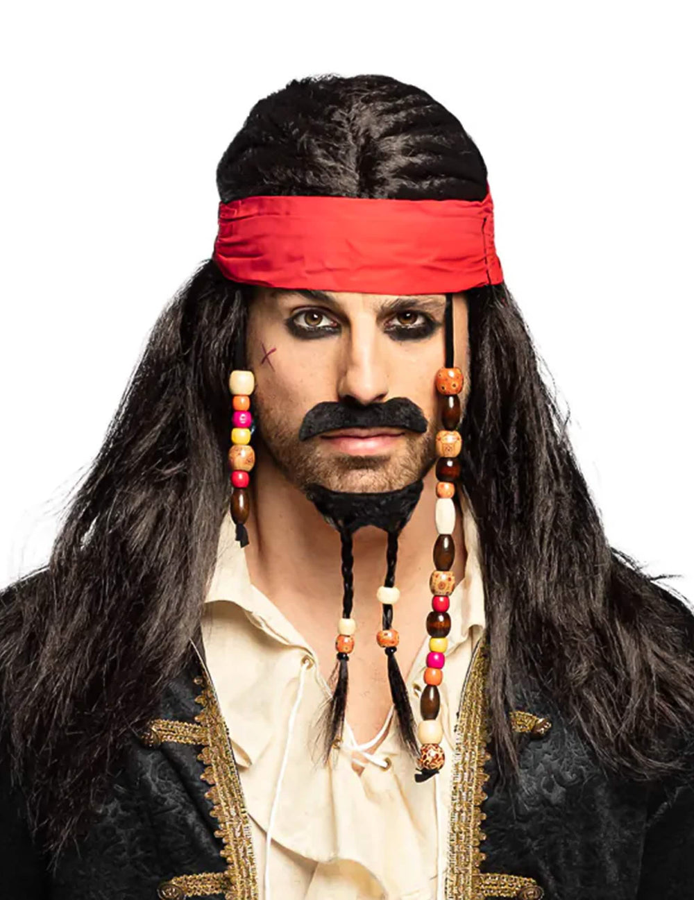 Piratska perika s bandanom za muškarac crvena i crna s perlama