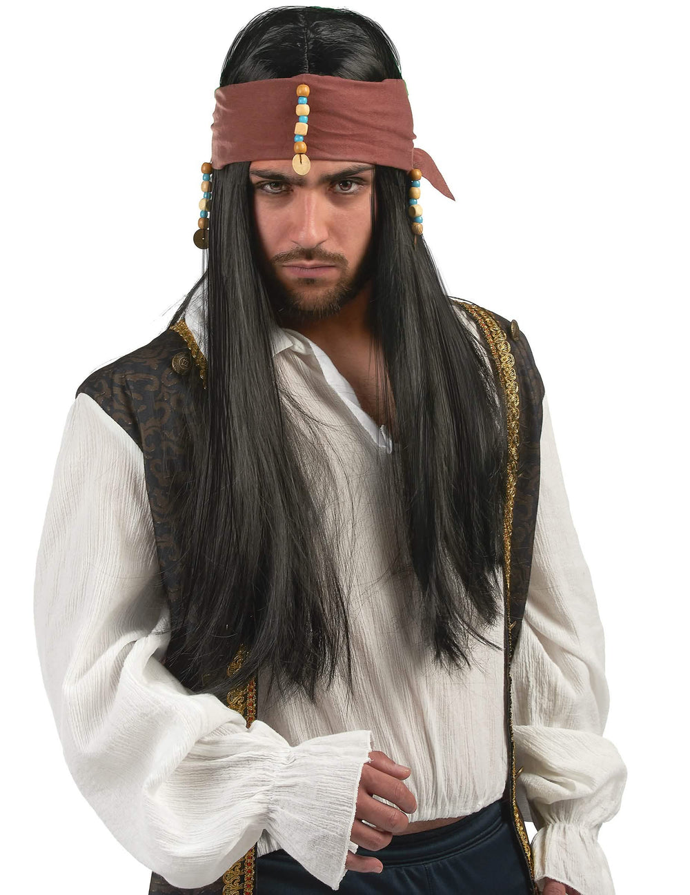 Crna piratska perika za odrasle sa smeđom maramom i perlama