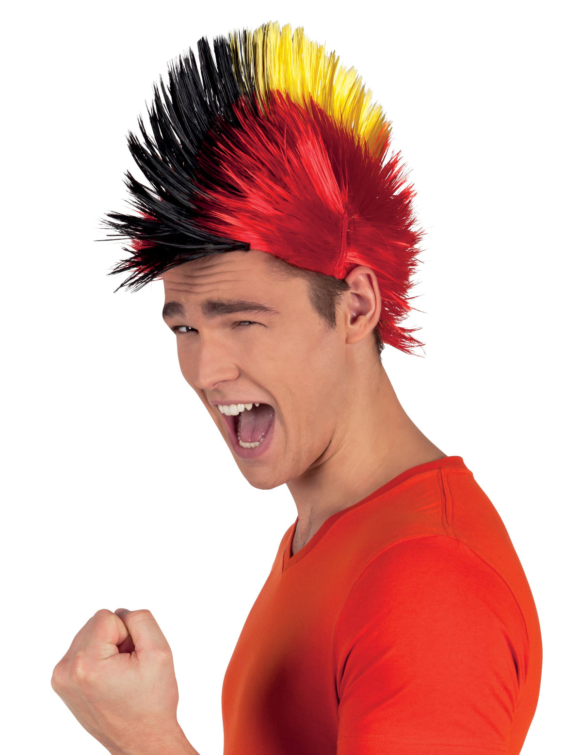 Perruque punk supporter Belgique pour adulte noir jaune rouge