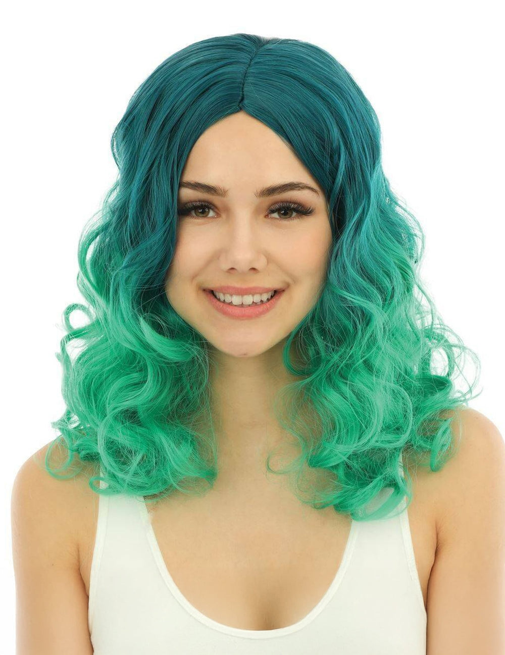 Vue de face de la perruque tie and dye luxe pour adulte verte ondulée