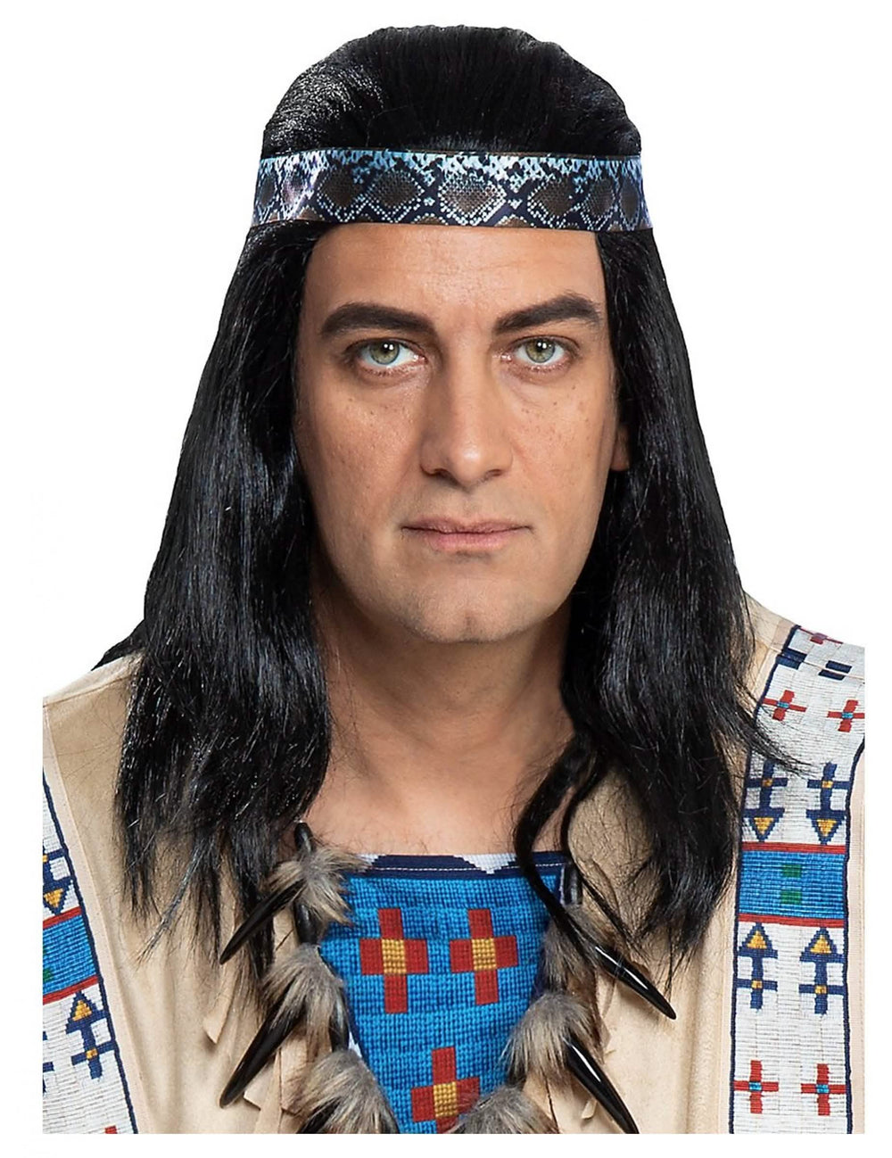 Crna perika Winnetou za odrasli s trakom za glavu s uzorkom zmijske kože