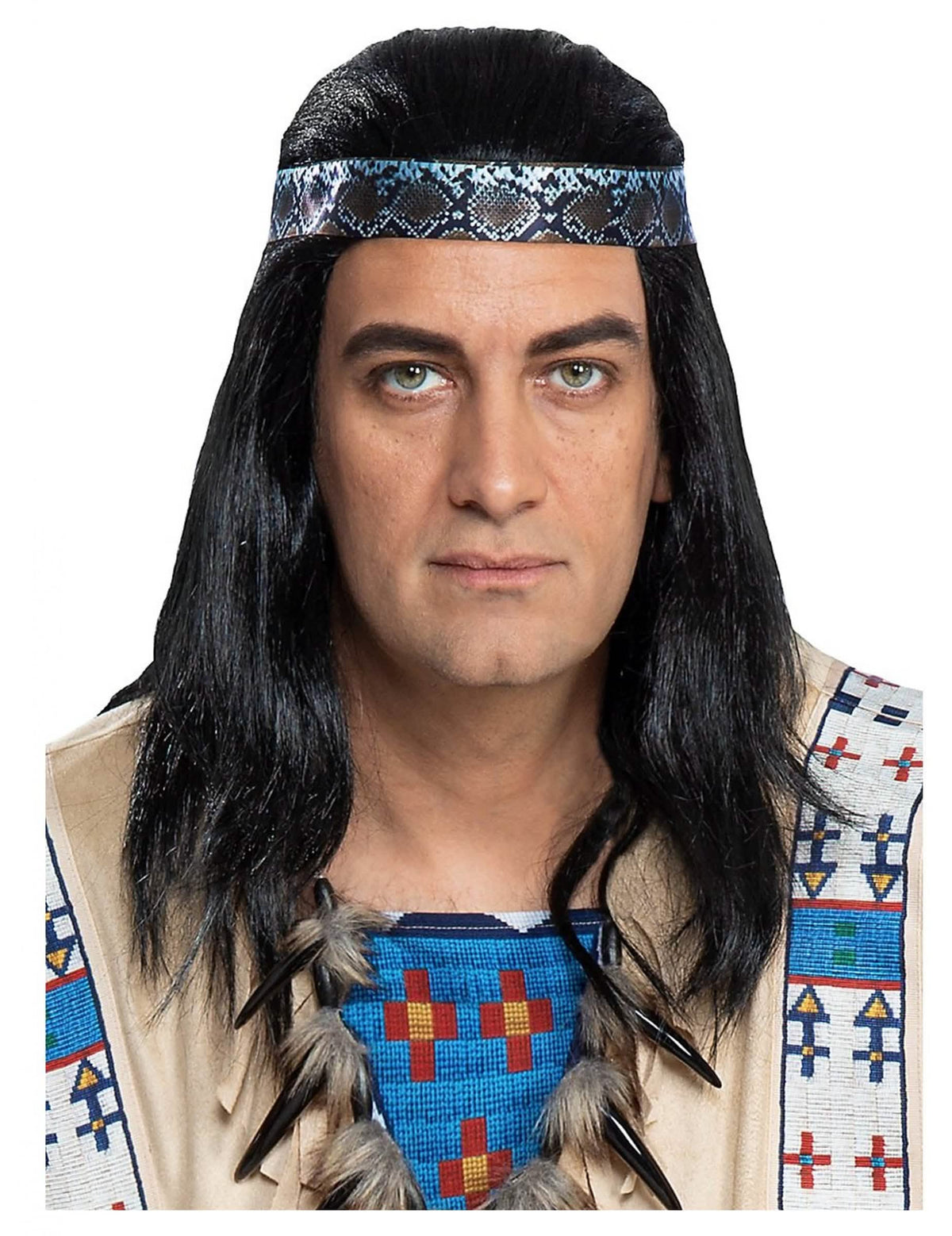 Crna perika Winnetou za odrasli s trakom za glavu s uzorkom zmijske kože