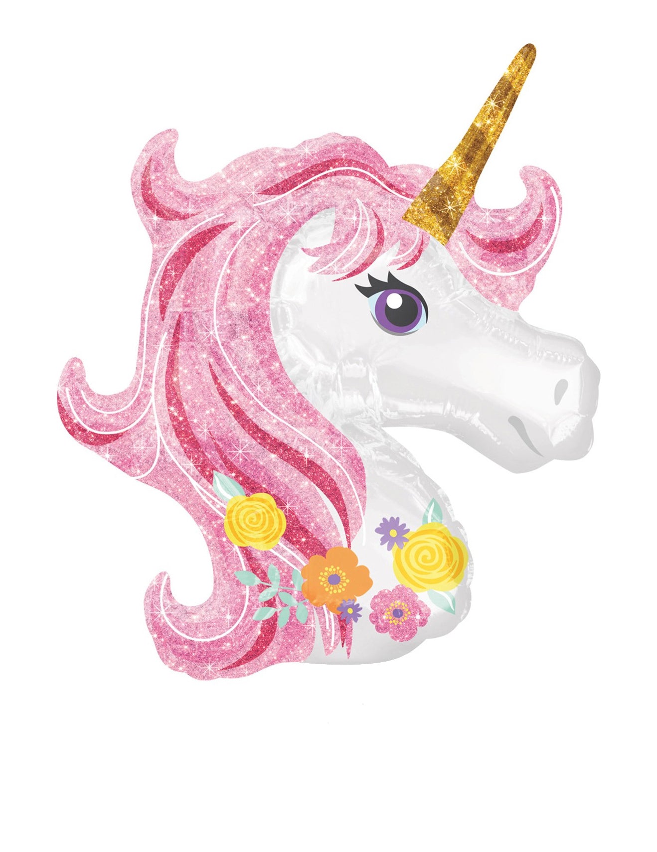 Petit ballon tête de licorne fleurie 22 x 25 cm en aluminium