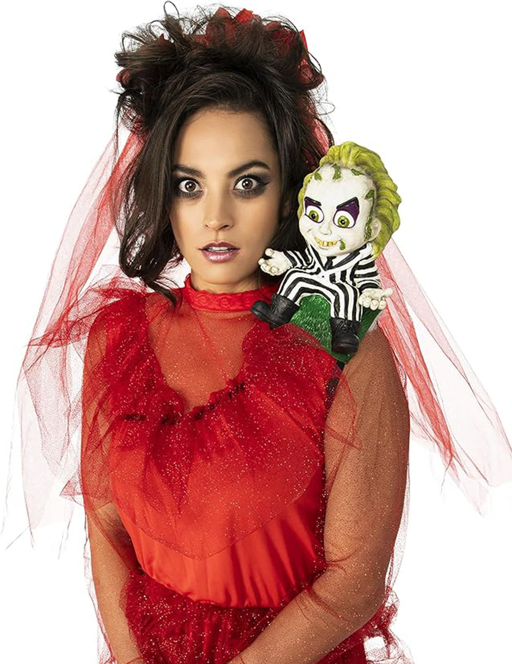 Petit Beetlejuice d'épaule pour adulte noir et blanc avec cheveux verts