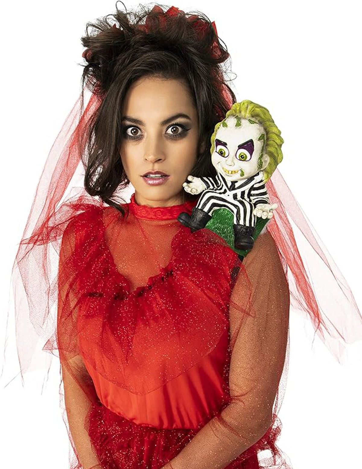 Petit Beetlejuice d'épaule pour adulte noir et blanc avec cheveux verts