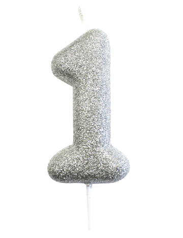 Srebrna svjetlucava svijeća broj 1 na štapiću 7 cm za tortu