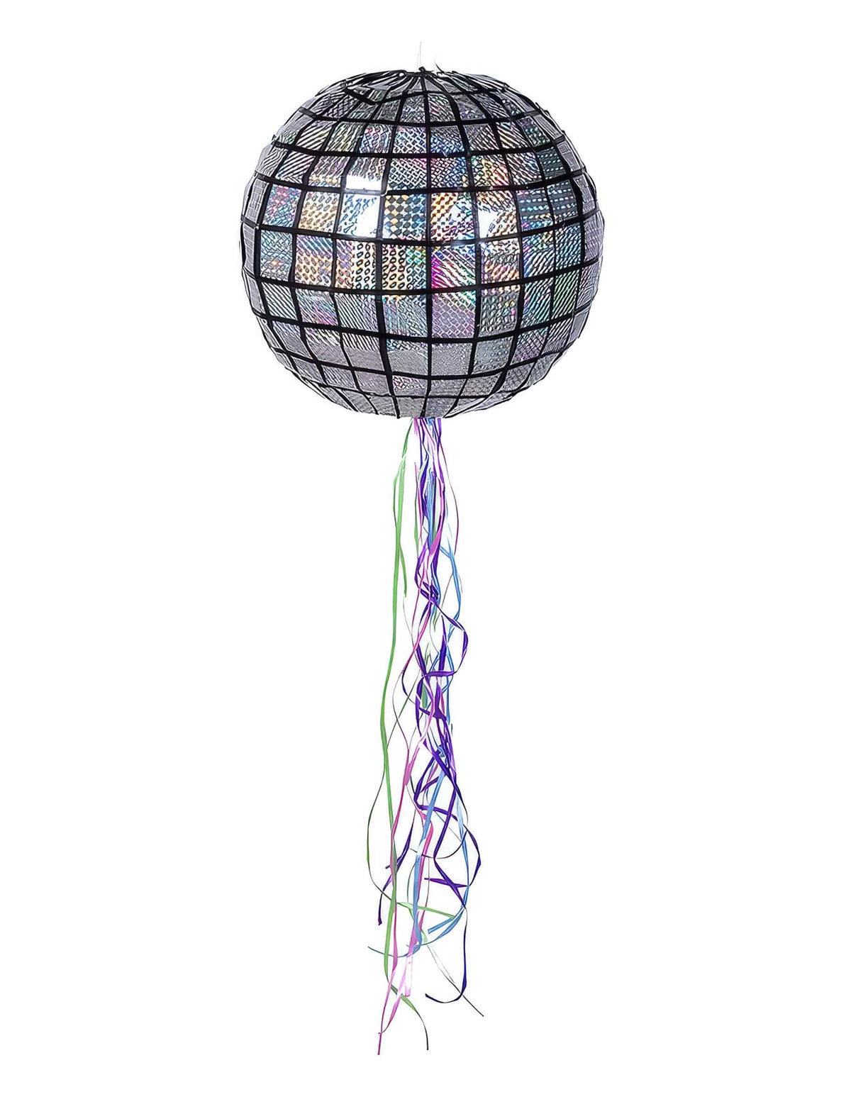 Piñata kugla disko srebrna s obojenim vrpcama