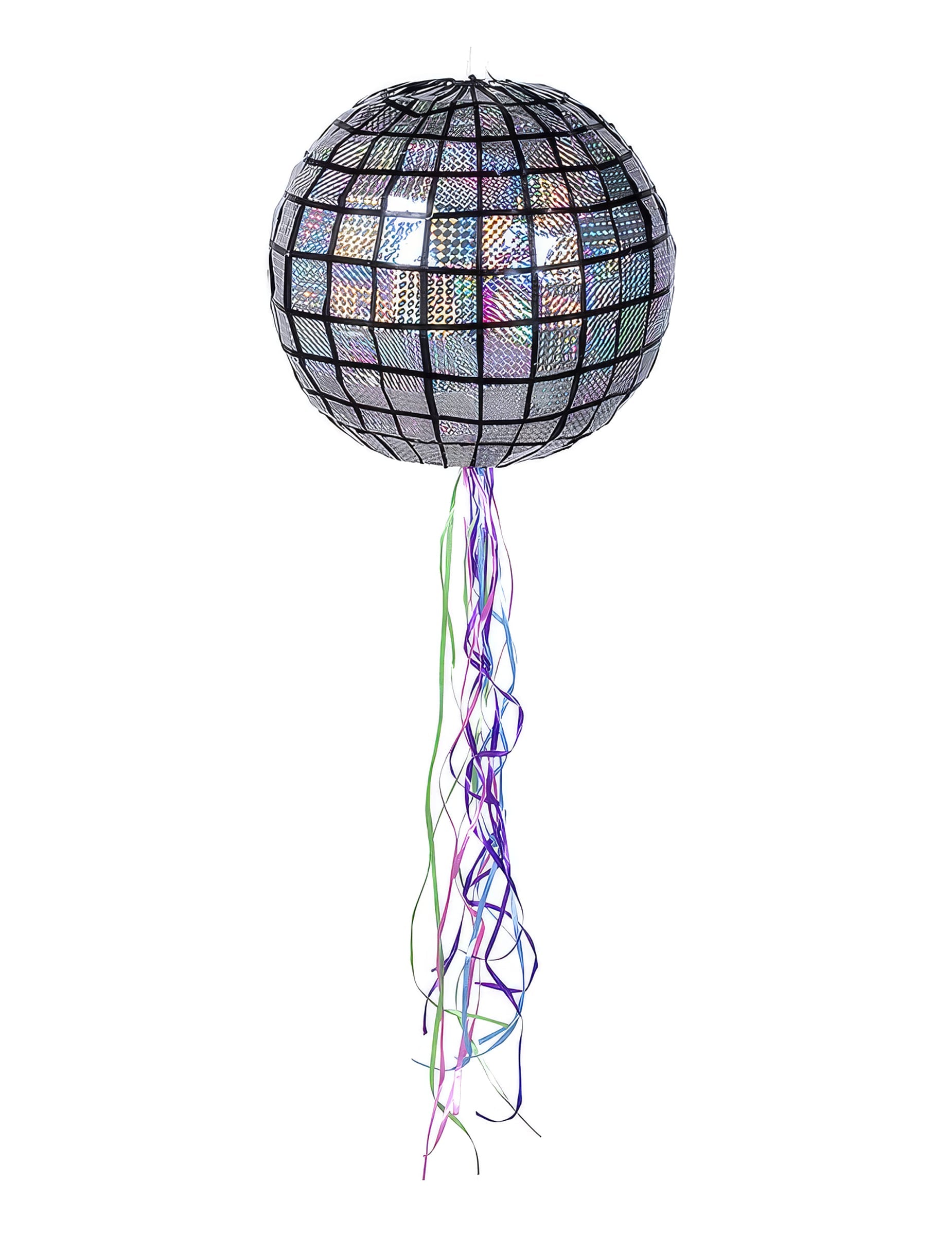 Piñata boule à facettes disco argentée avec rubans colorés