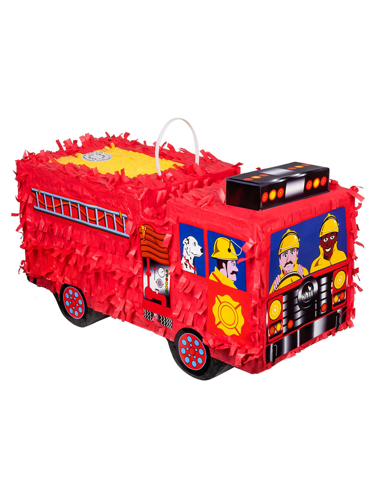 Piñata camion de pompier rouge avec échelles et dessins de pompiers