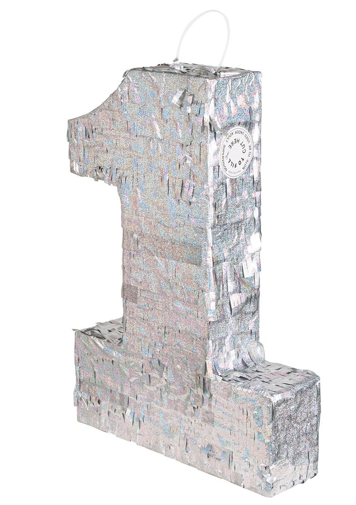 Srebrna holografska pinjata, broj 1, 40 x 28 x 8 cm svečan