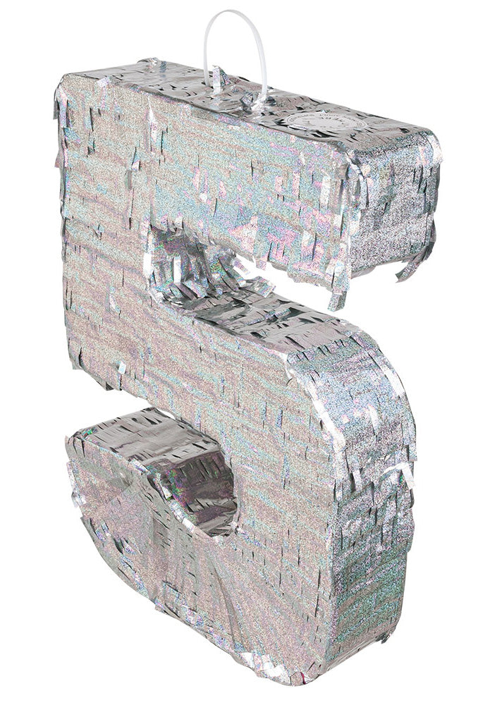 Srebrna holografska pinjata, broj 5, 40 x 28 x 8 cm za rođendan