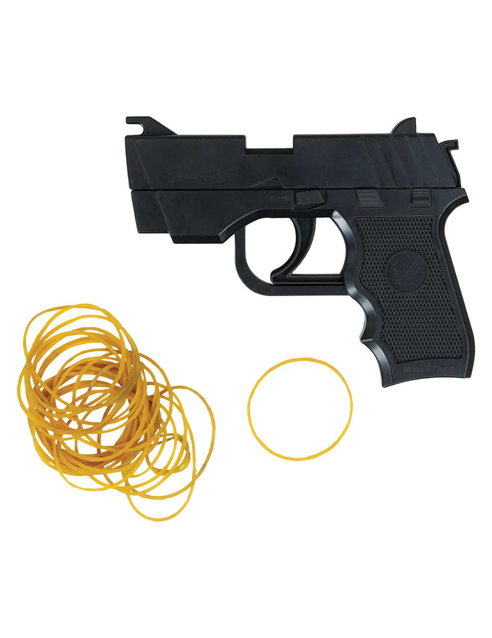 Détail des élastiques jaunes du pistolet à bande élastique pour adulte