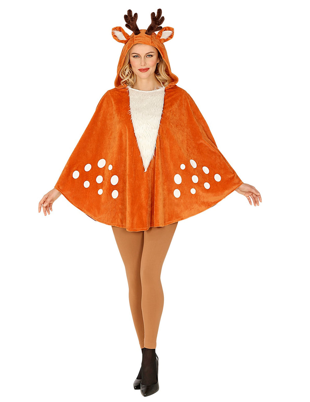 Poncho de renne pour adulte marron avec pois blancs et capuche à bois