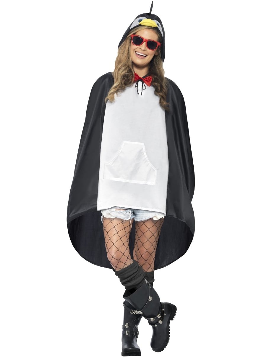 Poncho pingouin pour adulte noir et blanc avec capuche et nœud papillon rouge