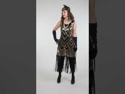 Luksuzni ženski charleston kostim u crnoj i zlatnoj boji sa šljokicama 