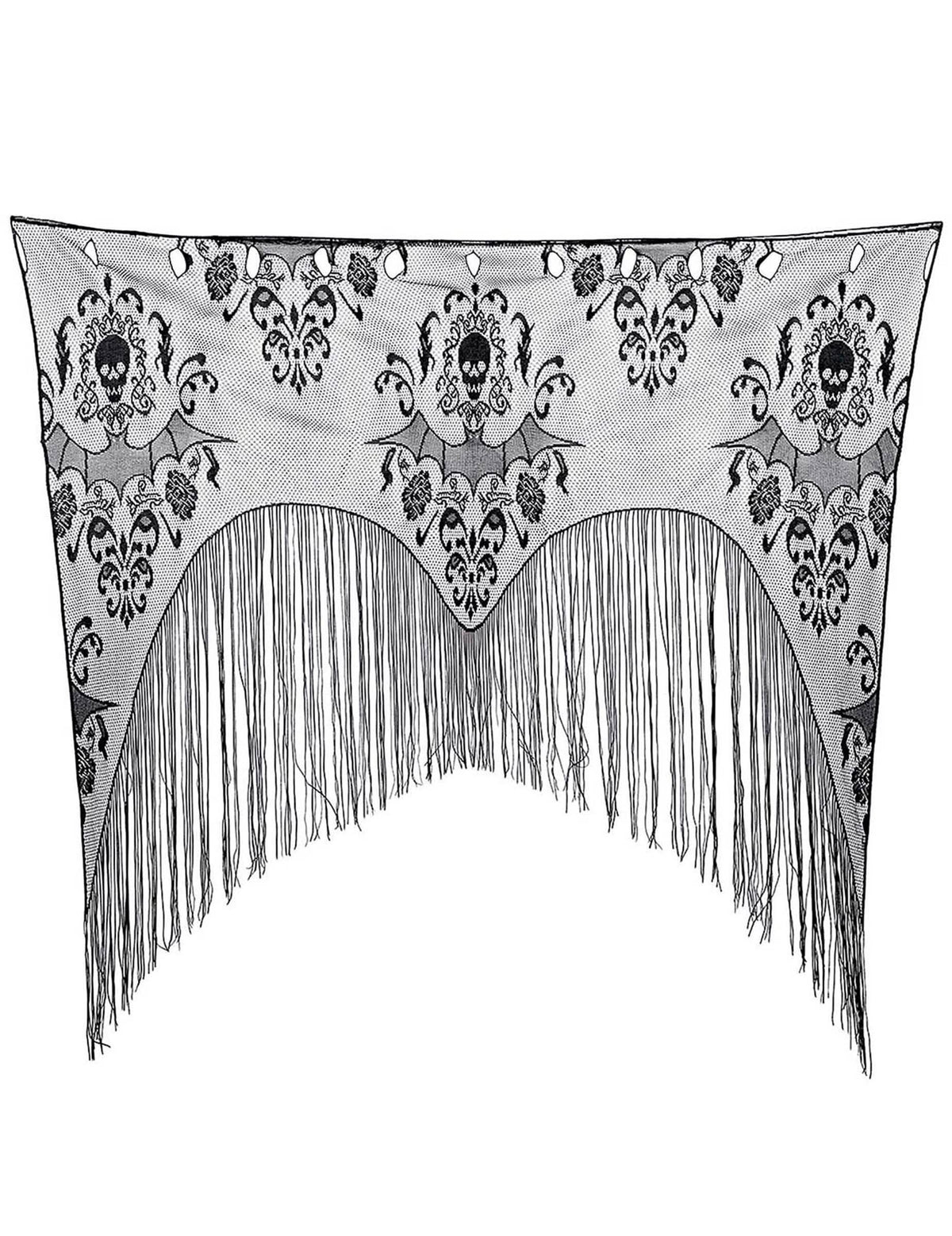 Détail de la dentelle et des motifs du rideau de porte à franges chauve-souris