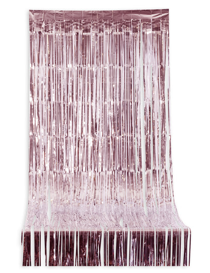 Vue de face du rideau scintillant à franges pour fête rose gold