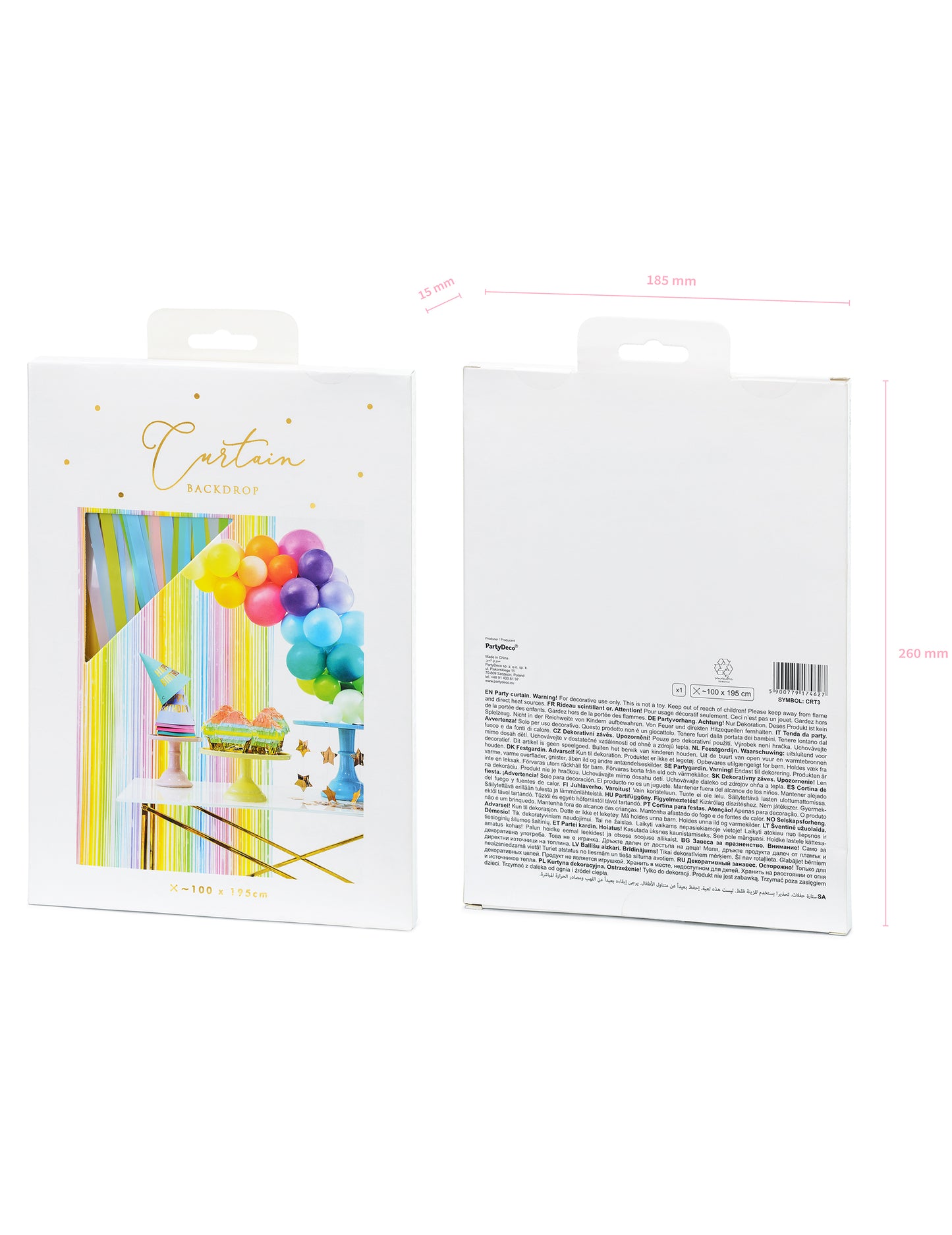 Vue de l'emballage du rideau scintillant multicolore pastel pour fête à franges arc-en-ciel