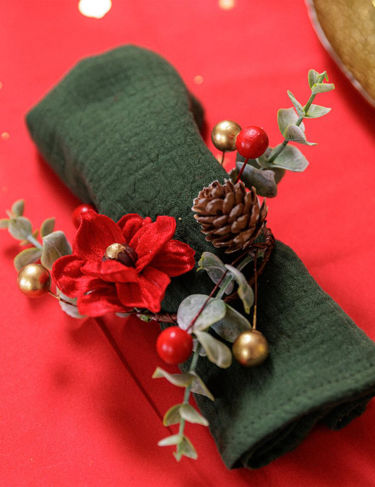 Rond de serviette Élégance velours rouge vert et or 13 cm