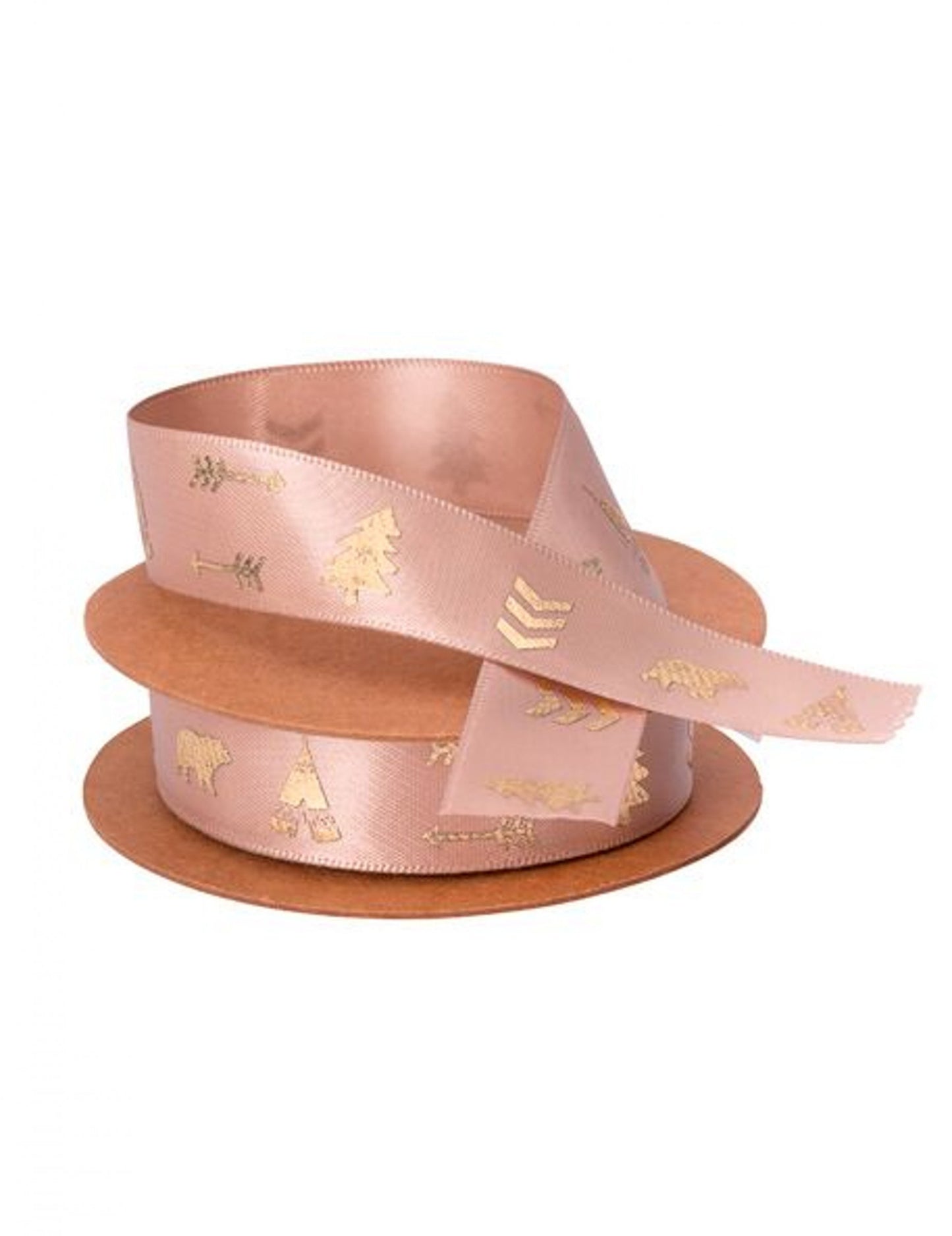 taupe satenska vrpca s motivom indijske šume prošarana zlatom 1.9 cm x 10 m uzorci teepeeja i medvjeda