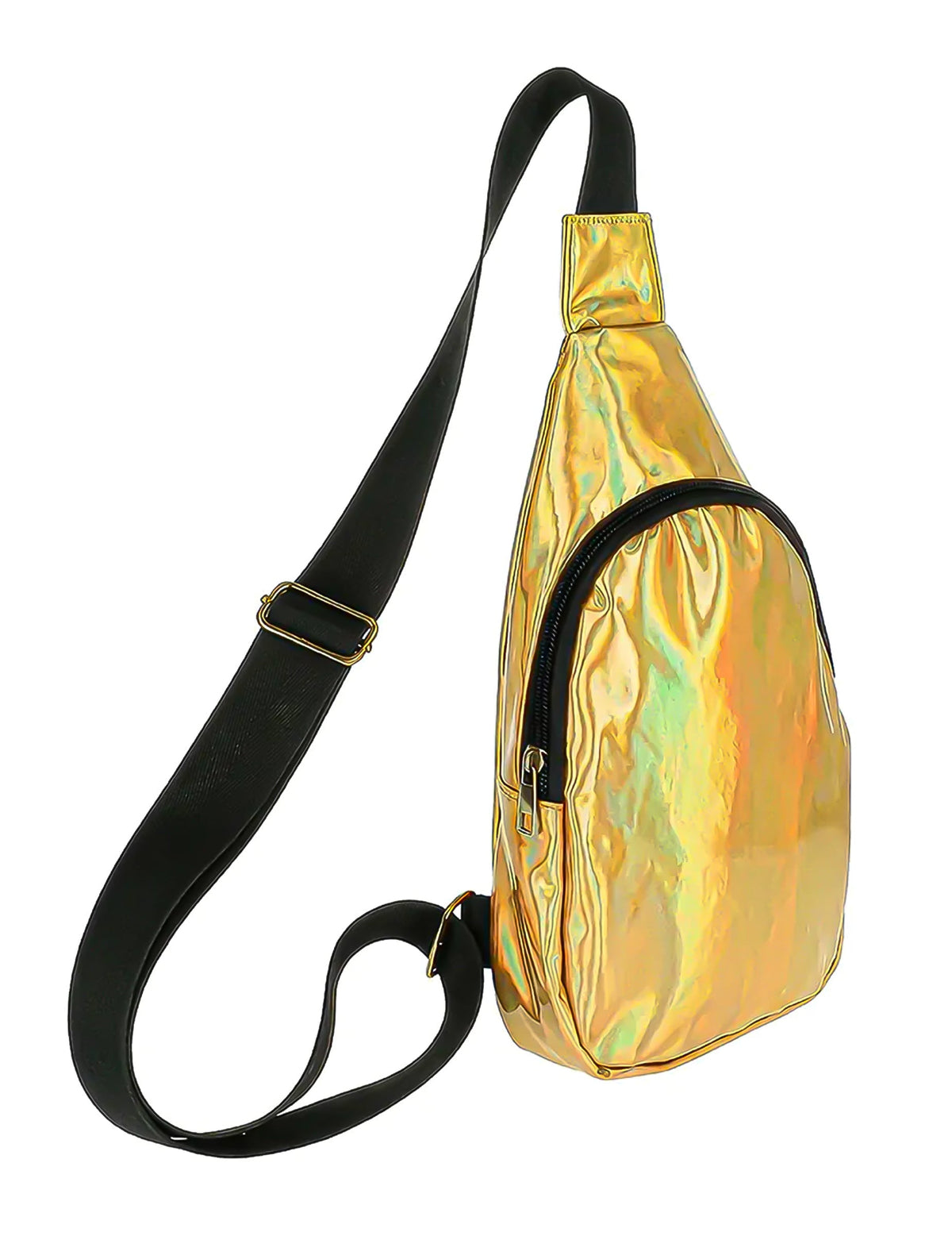Vue de profil du sac bandoulière holographique or