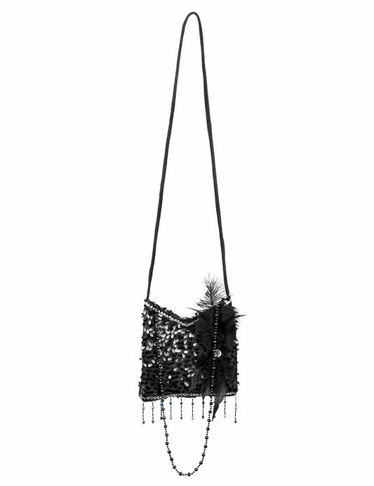 Sac charleston années 20 pour femme noir avec paillettes et plumes